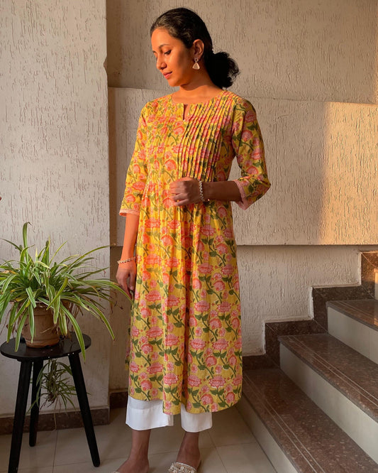 Yellow Floral Cotton Kurta