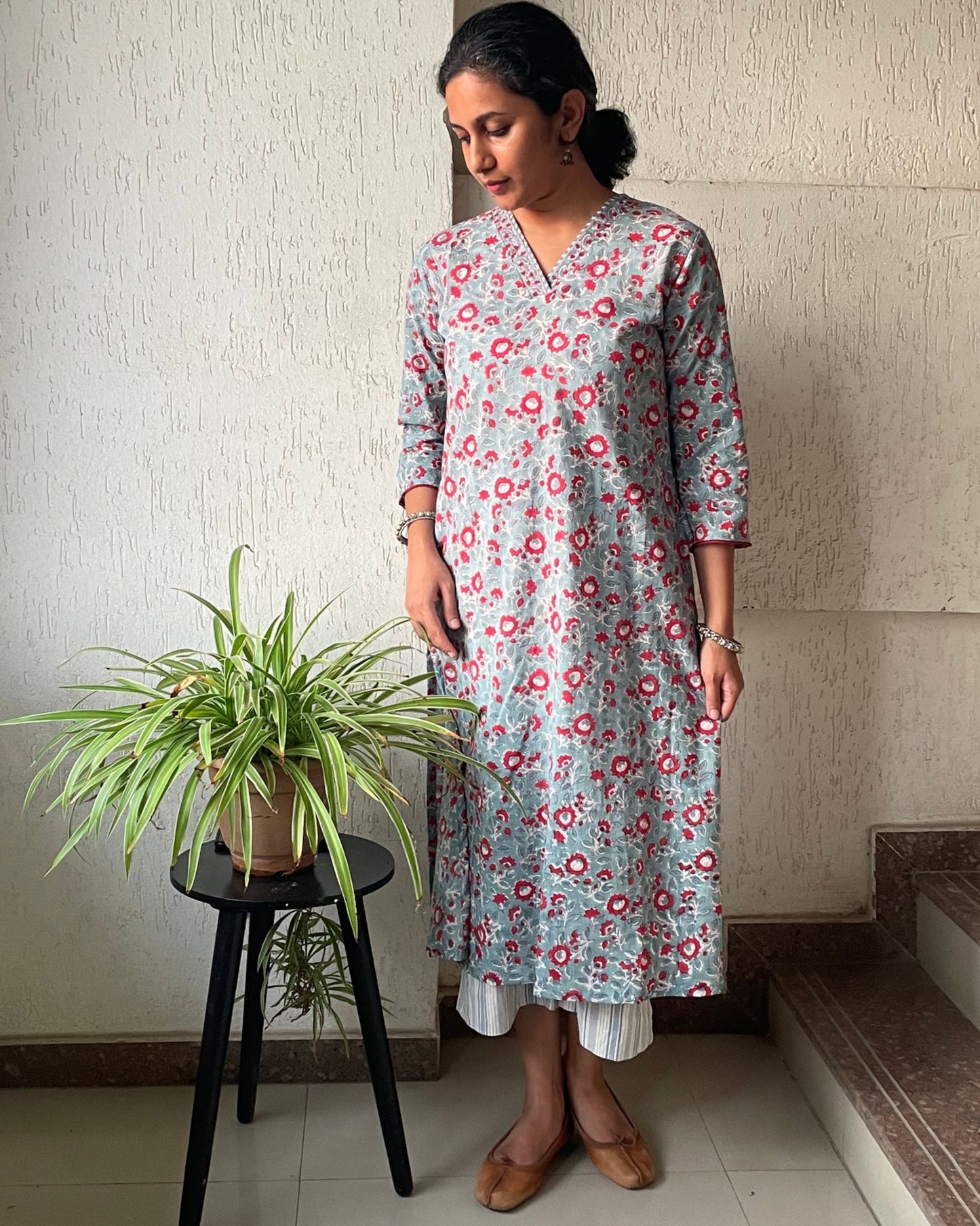 Grey and Red Cotton Kurta