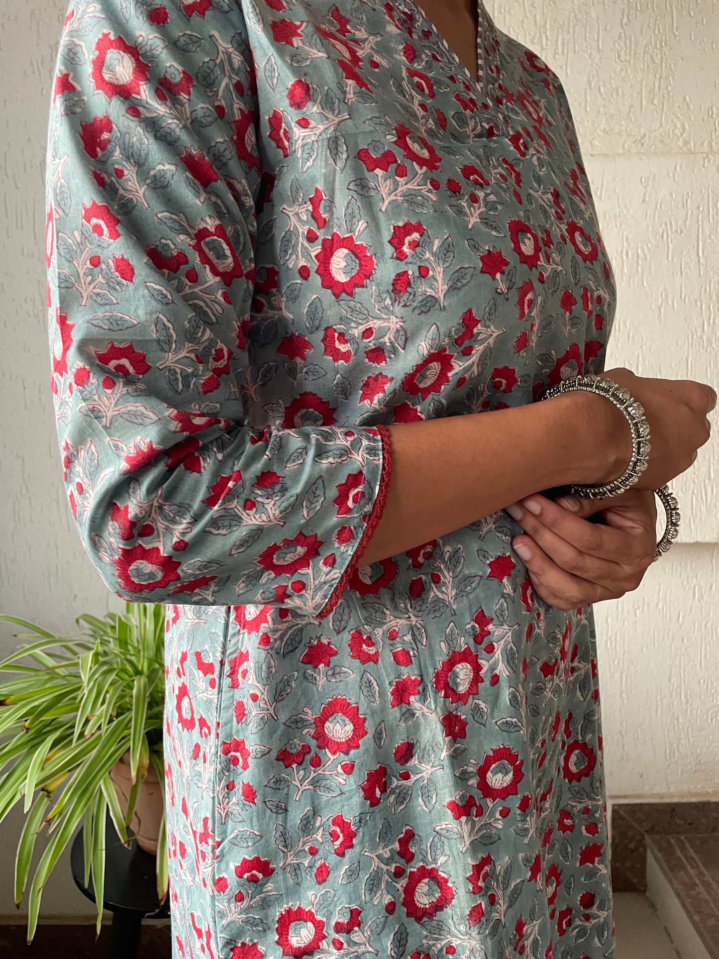 Grey and Red Cotton Kurta