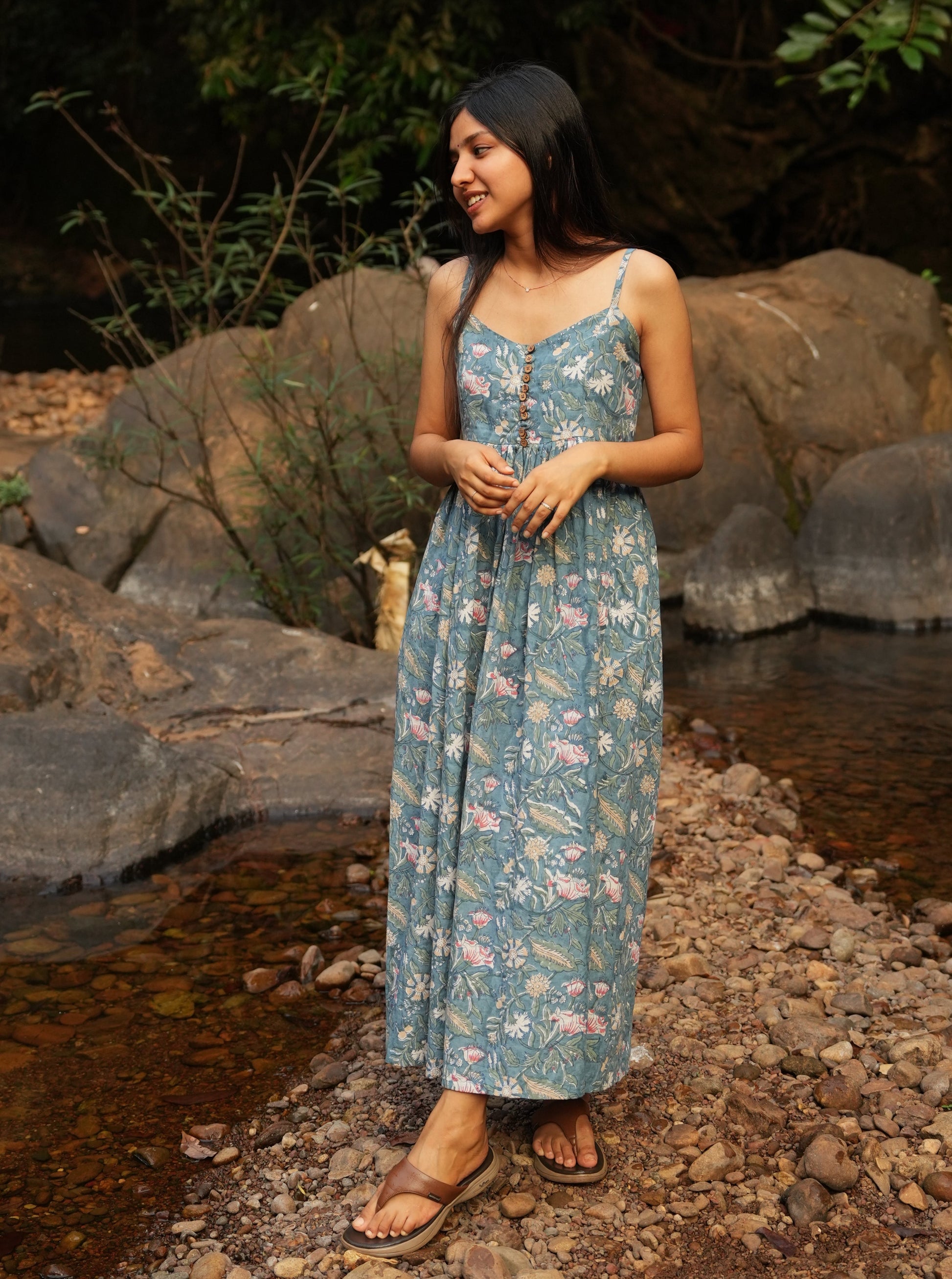 Blue floral sleeveless maxi strap dress