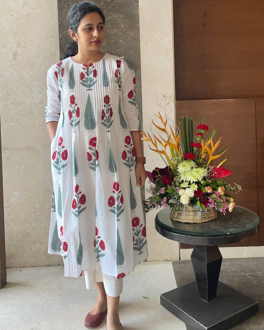 White and Red Floral Cotton Kurta