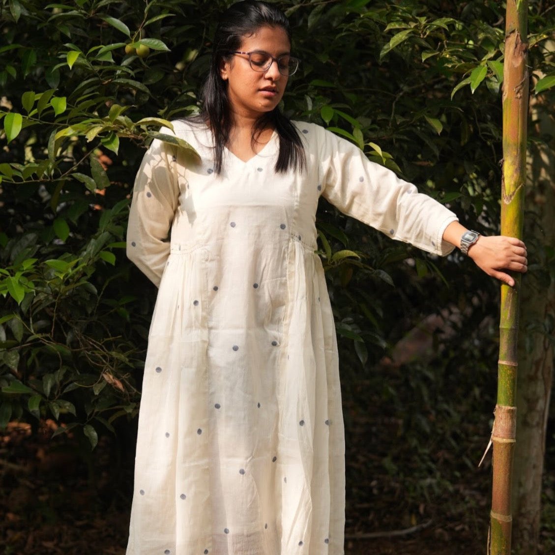 Handwoven cotton jamdani white midi dress