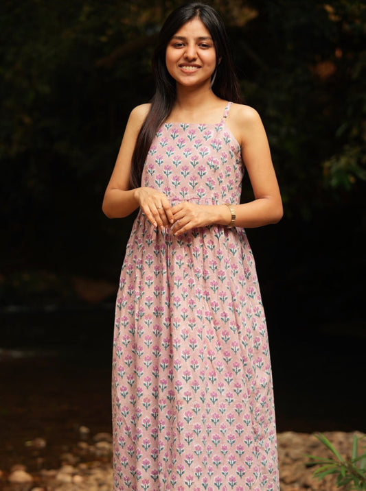 Pink cotton sleeveless maxi strap dress