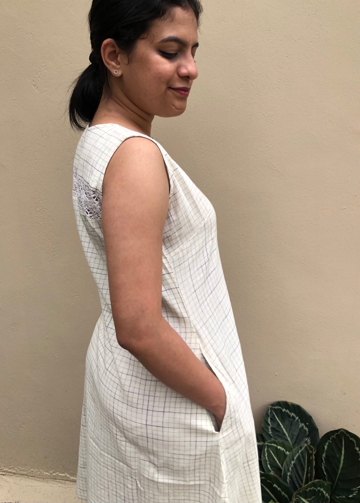 Off-White Check Khadi Cotton Dress