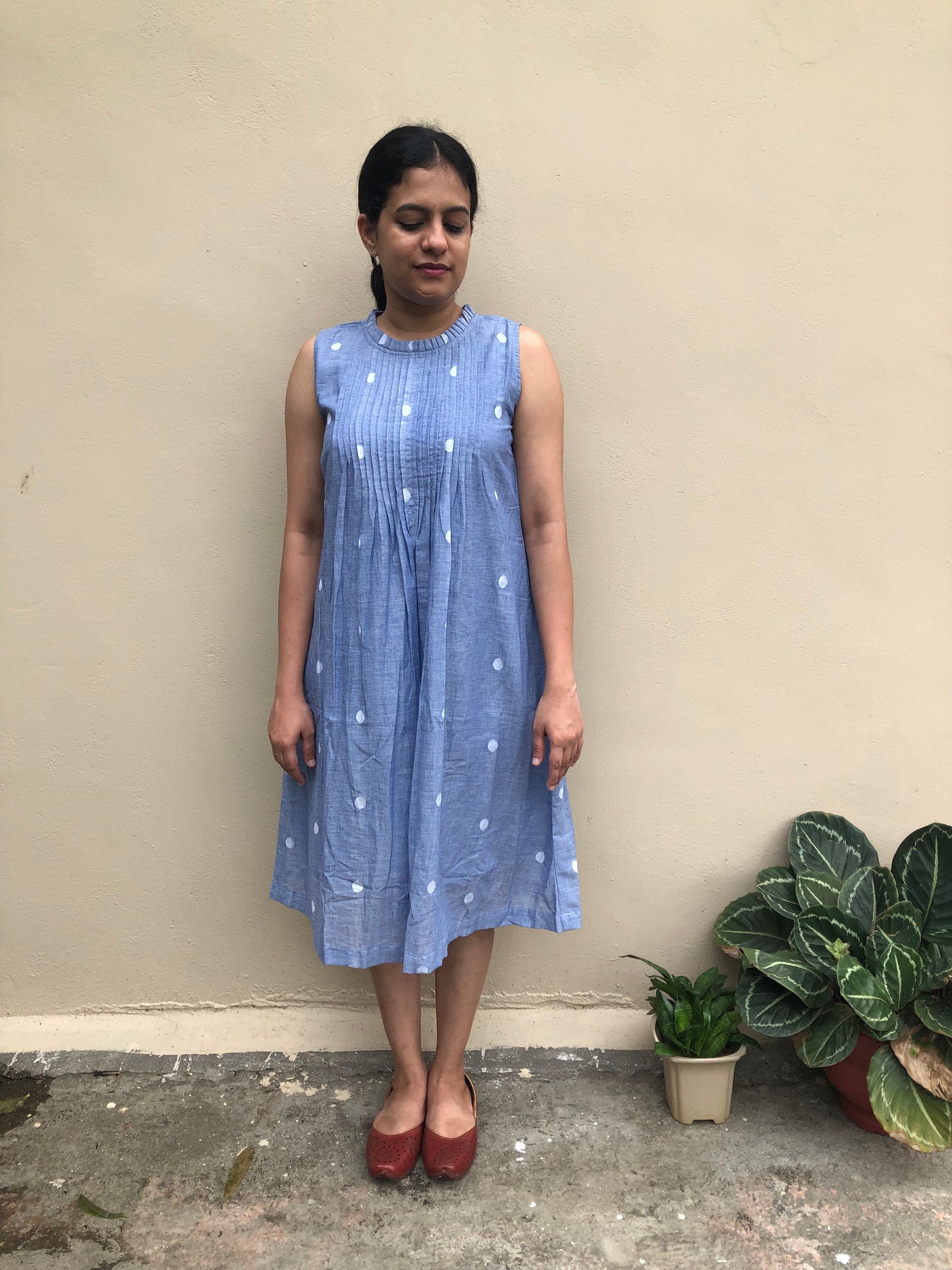 Blue Jamdani Pintuck Cotton Dress