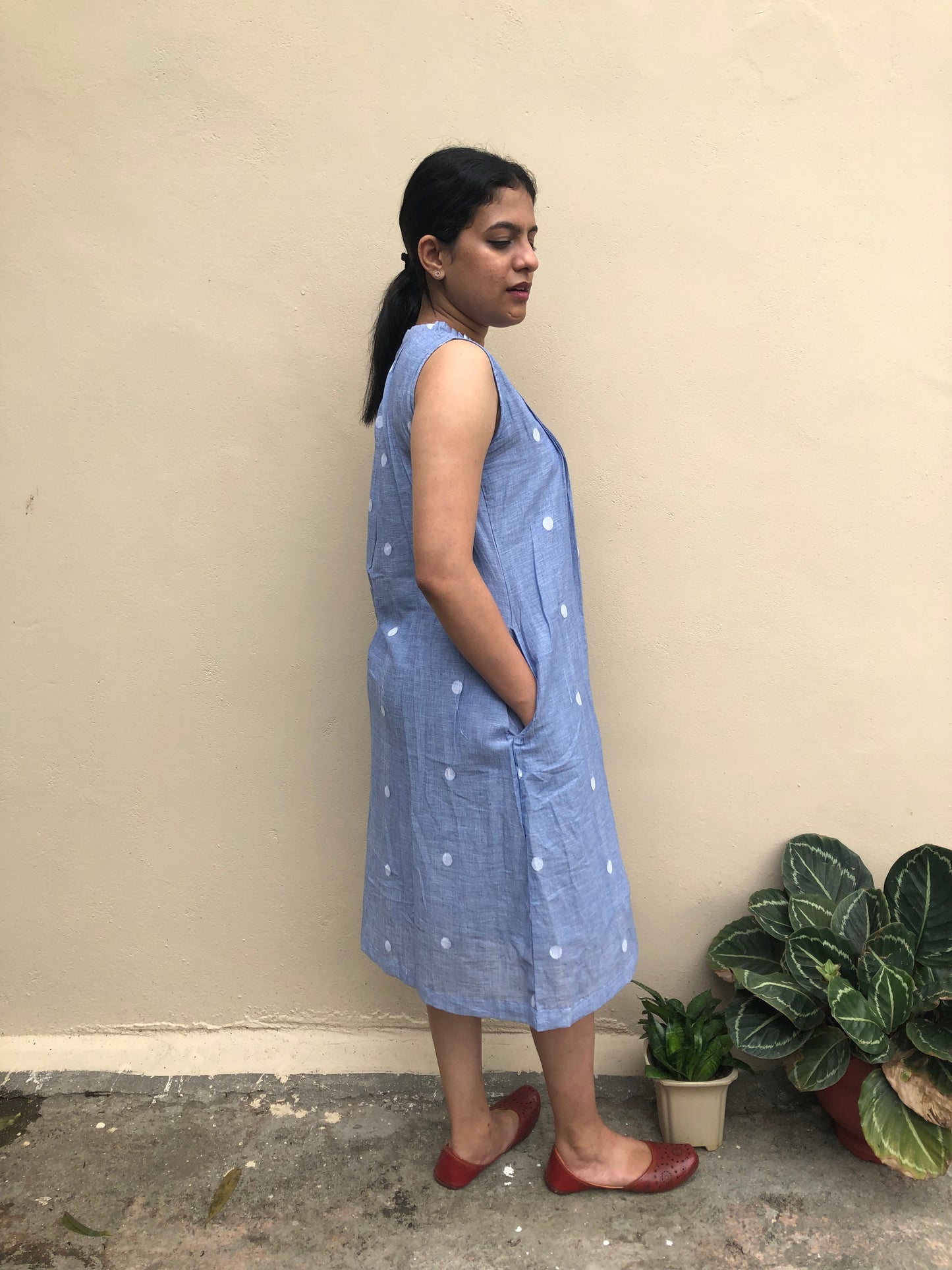 Blue Jamdani Pintuck Cotton Dress