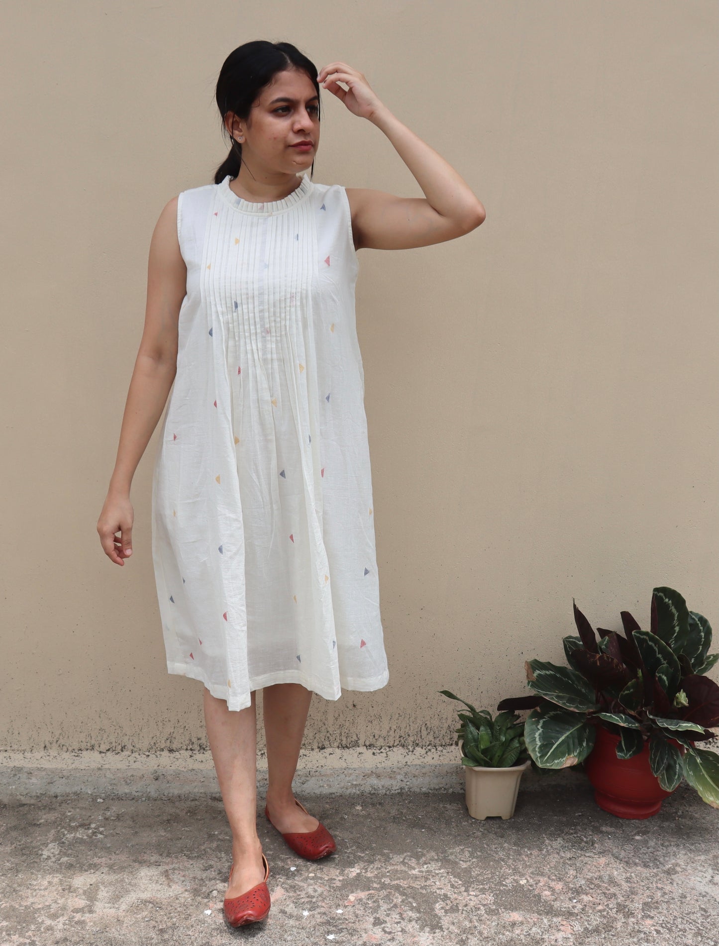 White Jamdani Pintuck  Cotton Dress