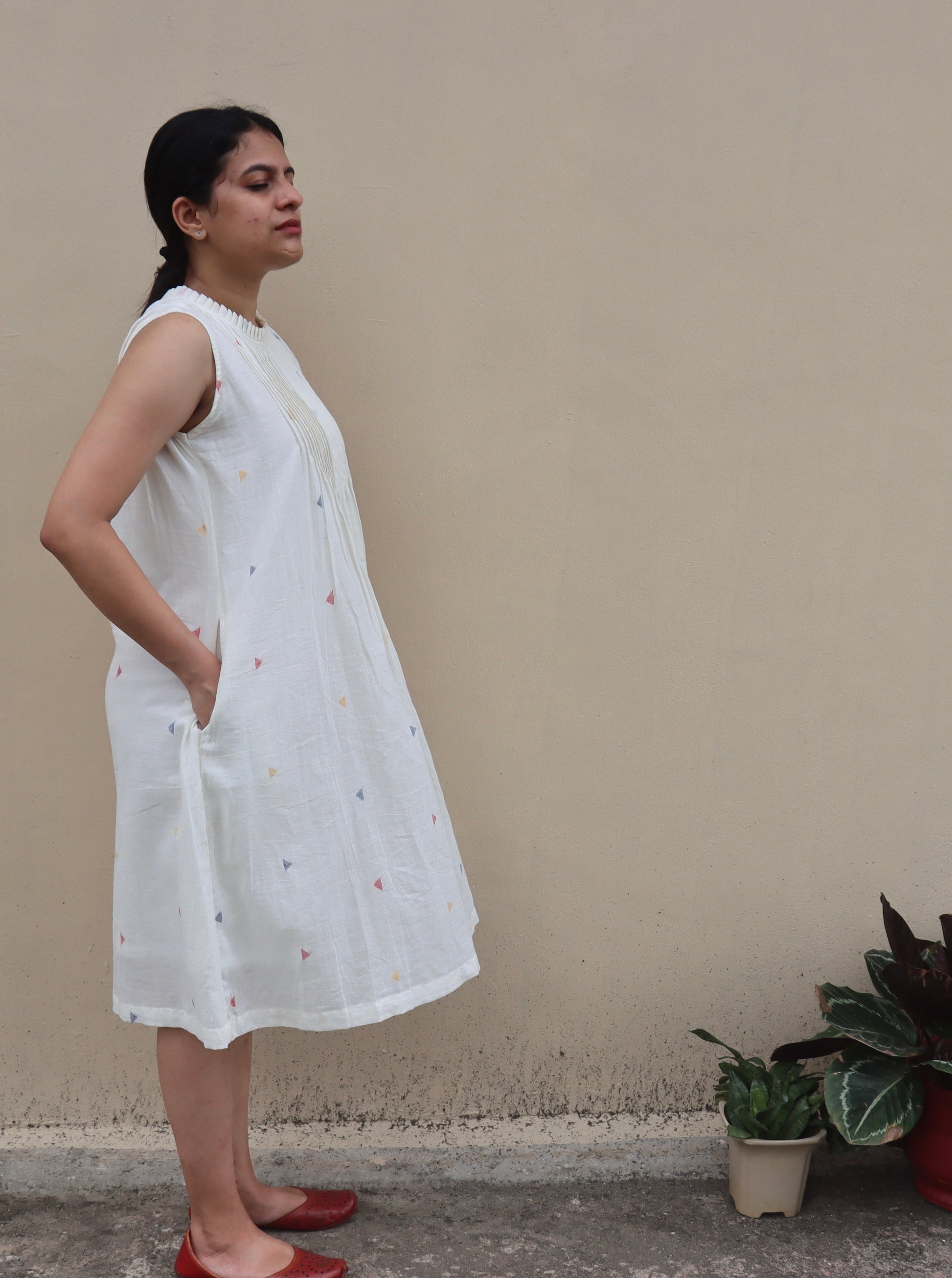 White handwoven jamdani sleeveless short dress with Pintuck detailing