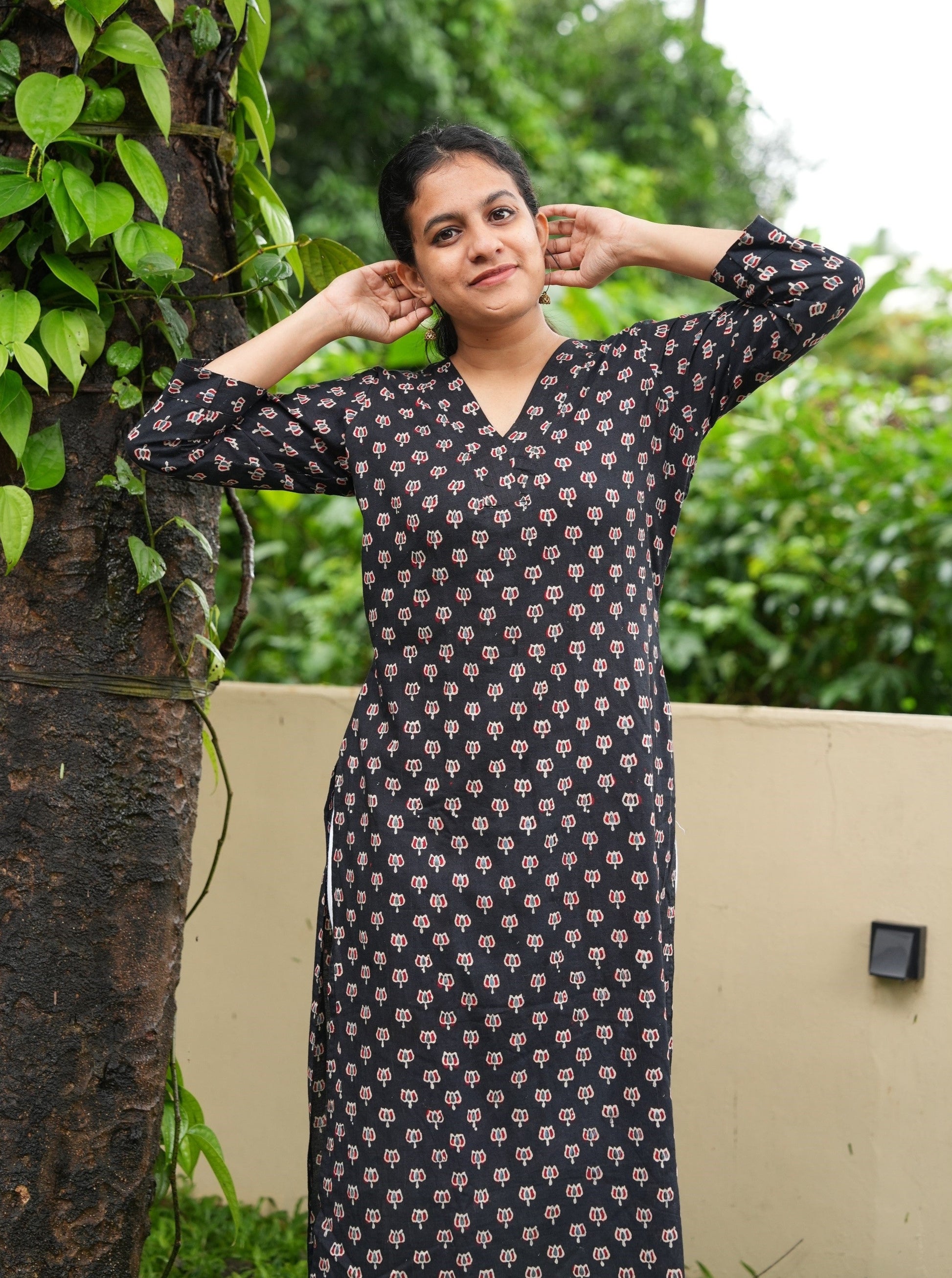 ajrakh printed black cotton kurta for women